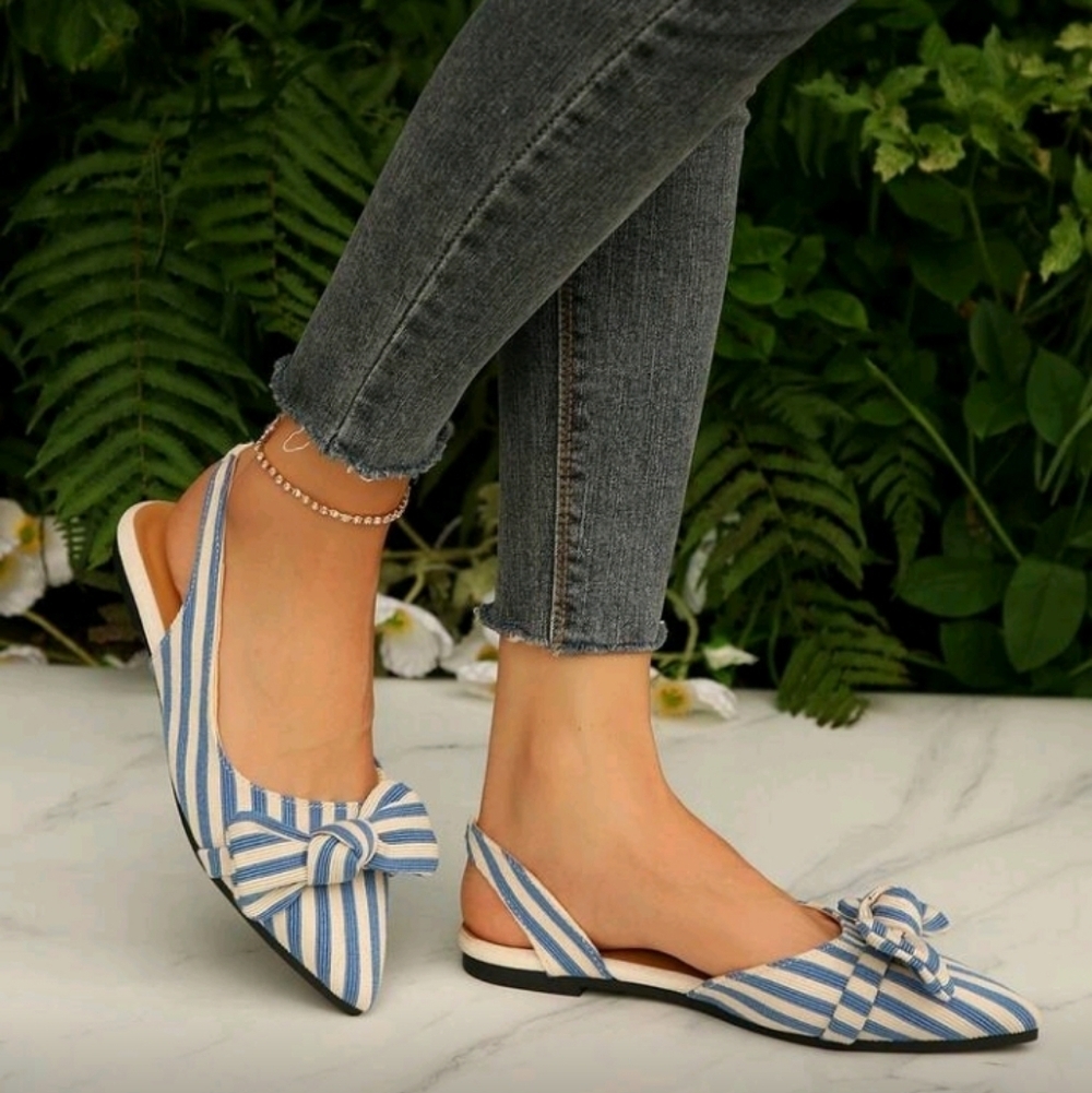 Blue and White Striped Slingback Flats With Bows Size 8.5